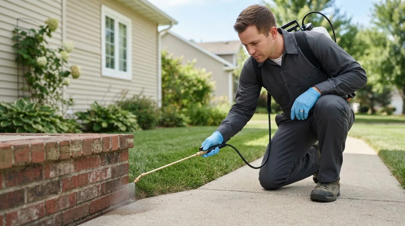 Pest control technician treating a home near New Boston, NH